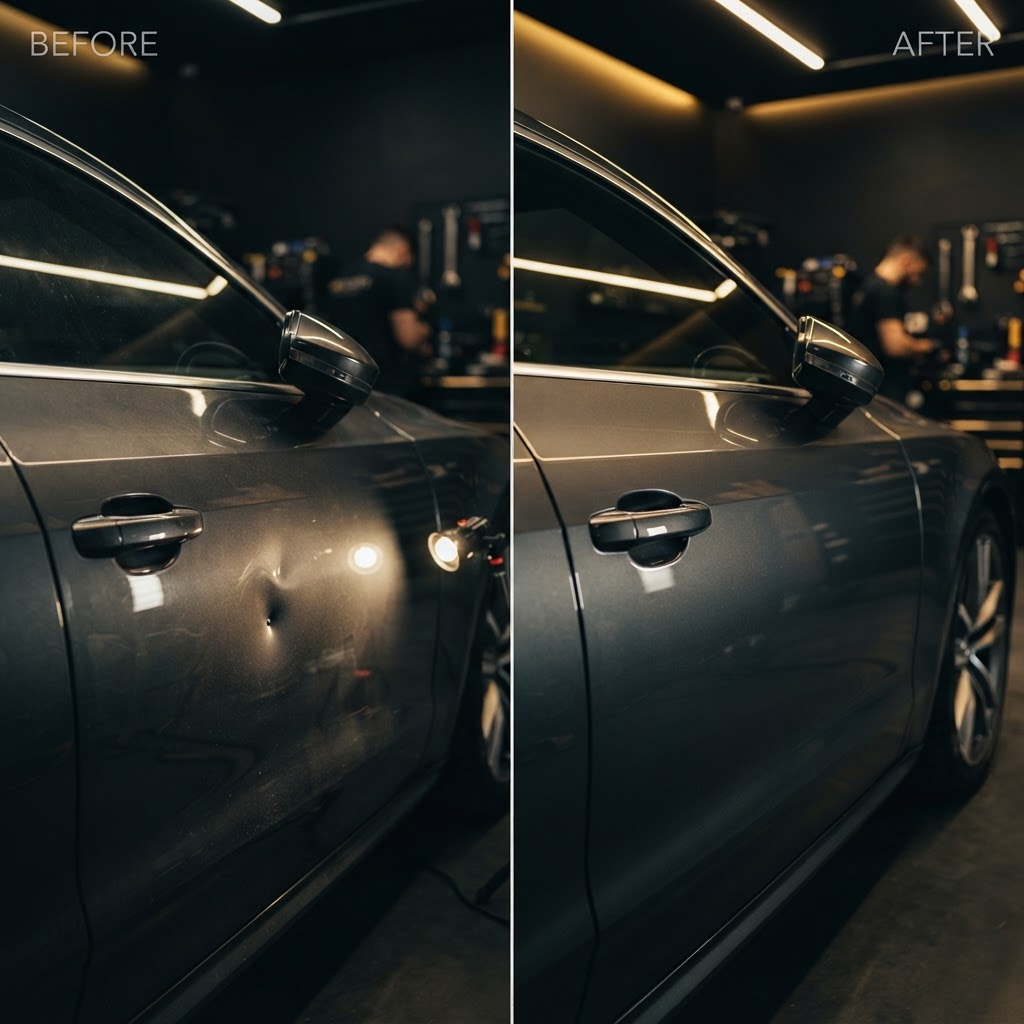 Smooth car door after dent repair in Everett MA